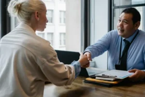 Job seeker shaking hands with a recruiter during an interview — IPG Workforce Solutions helps candidates in Toronto find accounting and finance careers.