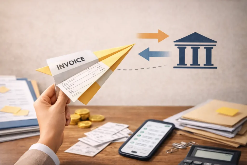 Accounts payable invoice being processed and sent for payment to financial institution