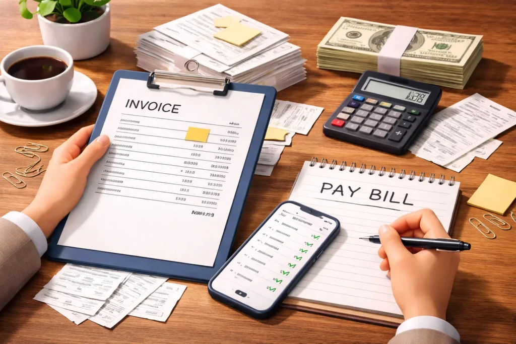 Accounts payable process with invoice, calculator, and bill payment tracking on desk